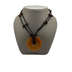 Agate Necklace Natural Stone Donut Pendant Amber Color Black Bead Chain